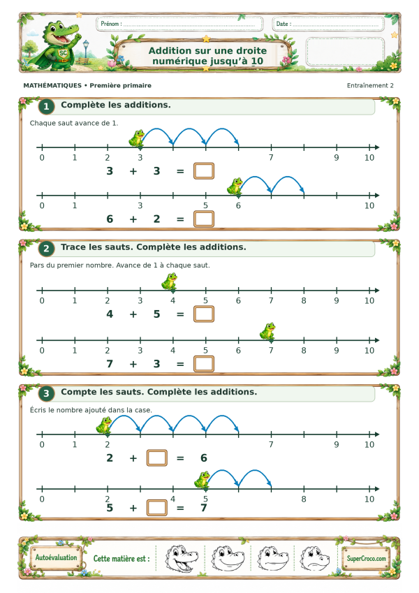 Exercices d’addition jusqu’à 10 en CP / P1 avec six droites numériques, des sauts de grenouille et des calculs à compléter.