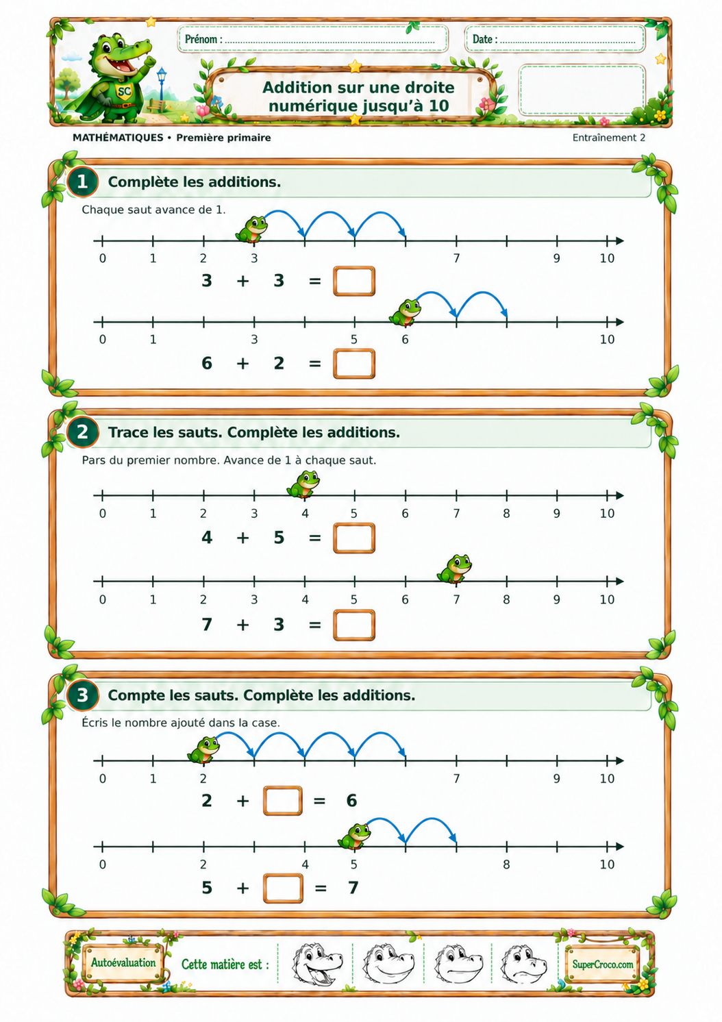 Exercices d’addition jusqu’à 10 en CP / P1 avec six droites numériques, des sauts de grenouille et des calculs à compléter.