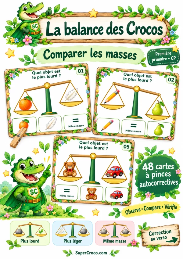 Affiche du jeu La balance des Crocos présentant trois cartes à pinces pour comparer les masses avec une balance à plateaux en CP / P1.
