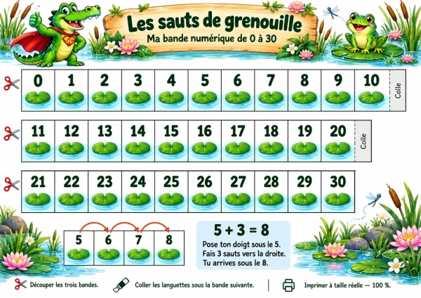 Bande numérique de 0 à 30 en trois parties à assembler, avec des nénuphars sous les nombres pour les sauts du doigt en P1 / CP.