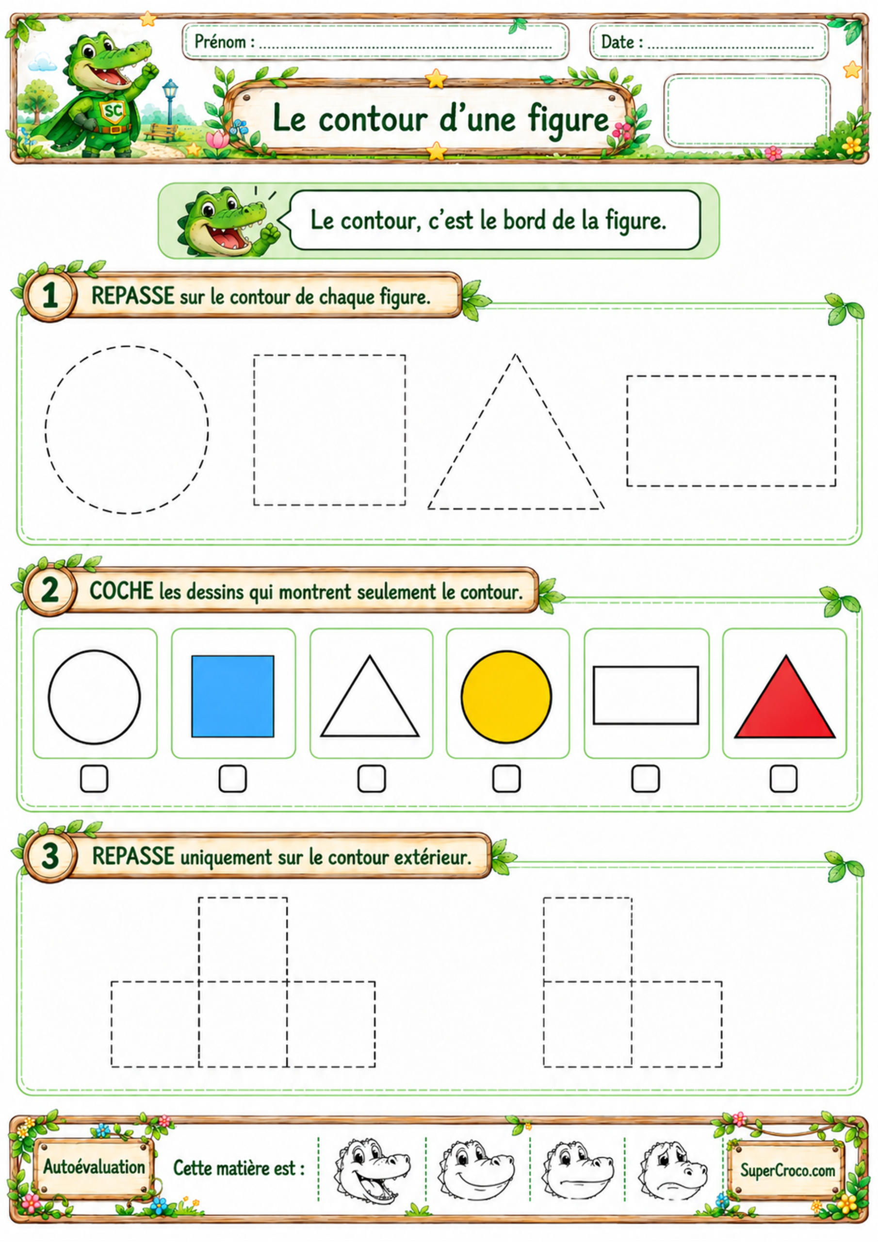 Fiche d’exercices sur le contour d’une figure en CP / P1 pour apprendre à reconnaître et tracer les contours de figures simples et composées.
