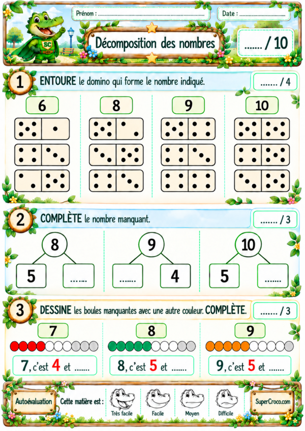 Évaluation de mathématiques P1 CP sur la décomposition des nombres jusqu’à 10 avec dominos, schémas et quantités à compléter.