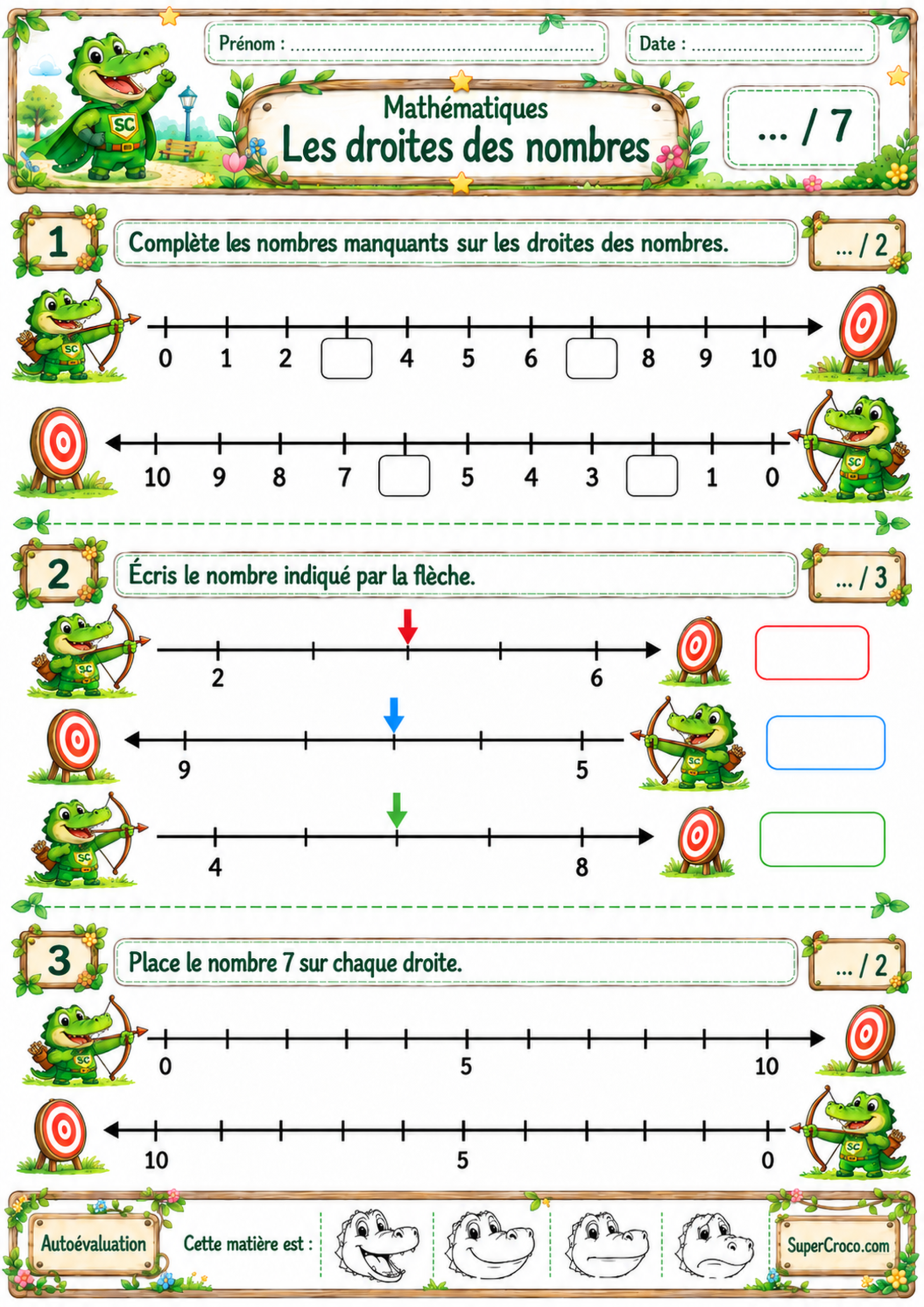 Droites des nombres de 0 à 10 – Évaluation de mathématiques P1 / CP