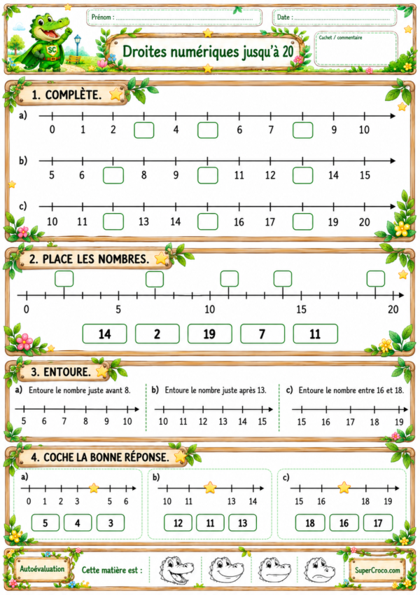 Feuille d’exercices sur les droites numériques jusqu’à 20 pour les élèves de P1 / CP.