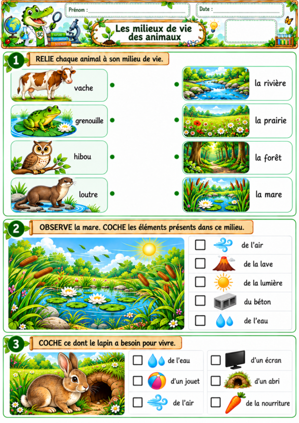 Les milieux de vie des animaux – exercices de sciences P1 CP sur les habitats et les besoins des animaux