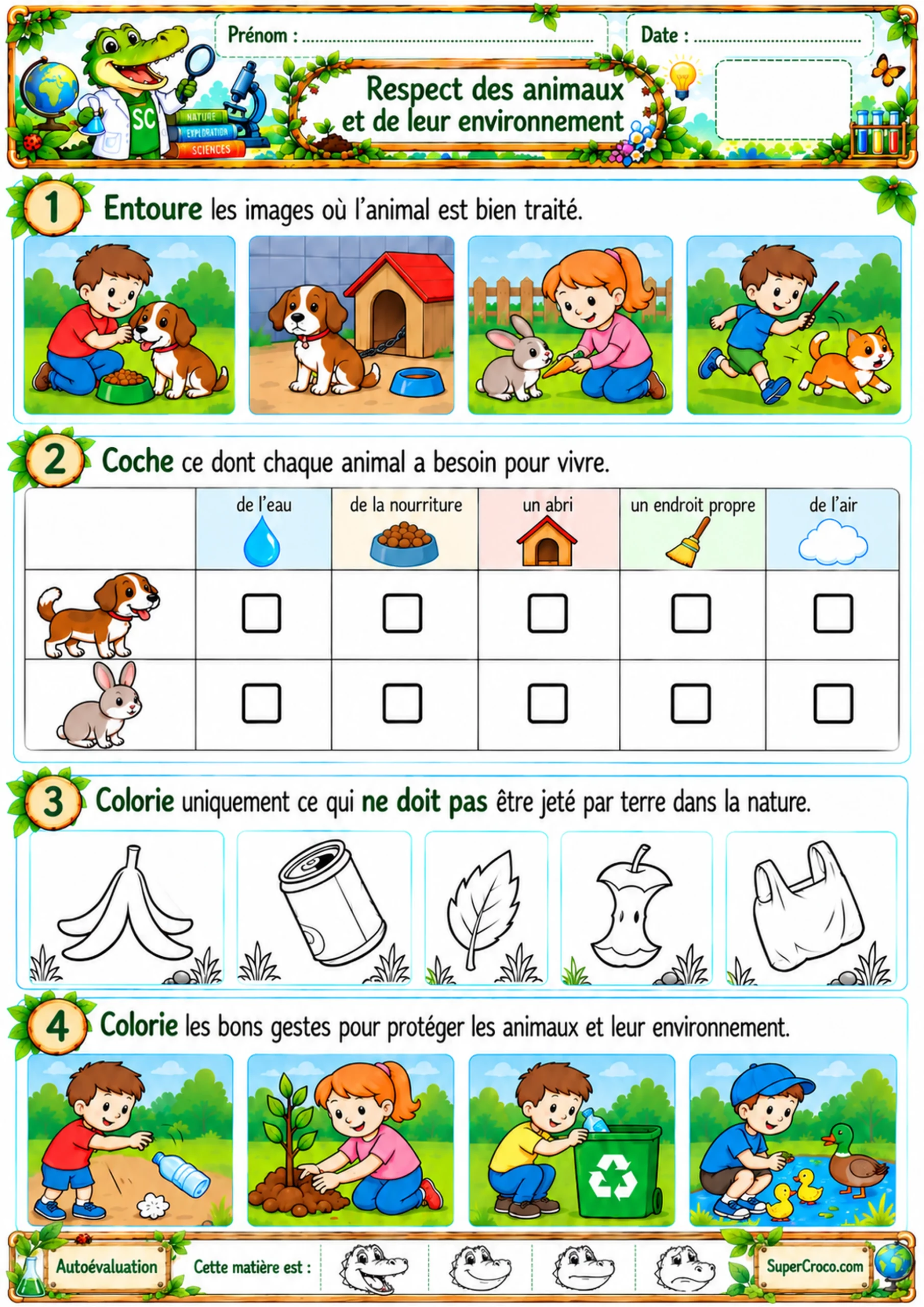 Feuille d'exercices illustrée de sciences P1 / CP sur le respect des animaux, leurs besoins essentiels et la protection de la nature.