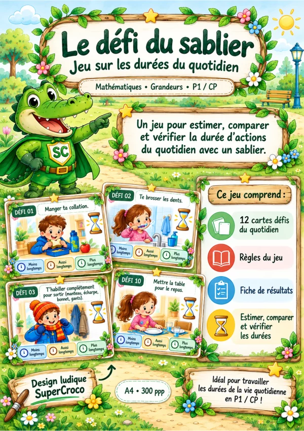Affiche du jeu Le défi du sablier pour CP/P1 avec SuperCroco et quatre cartes illustrées pour comparer les durées du quotidien.