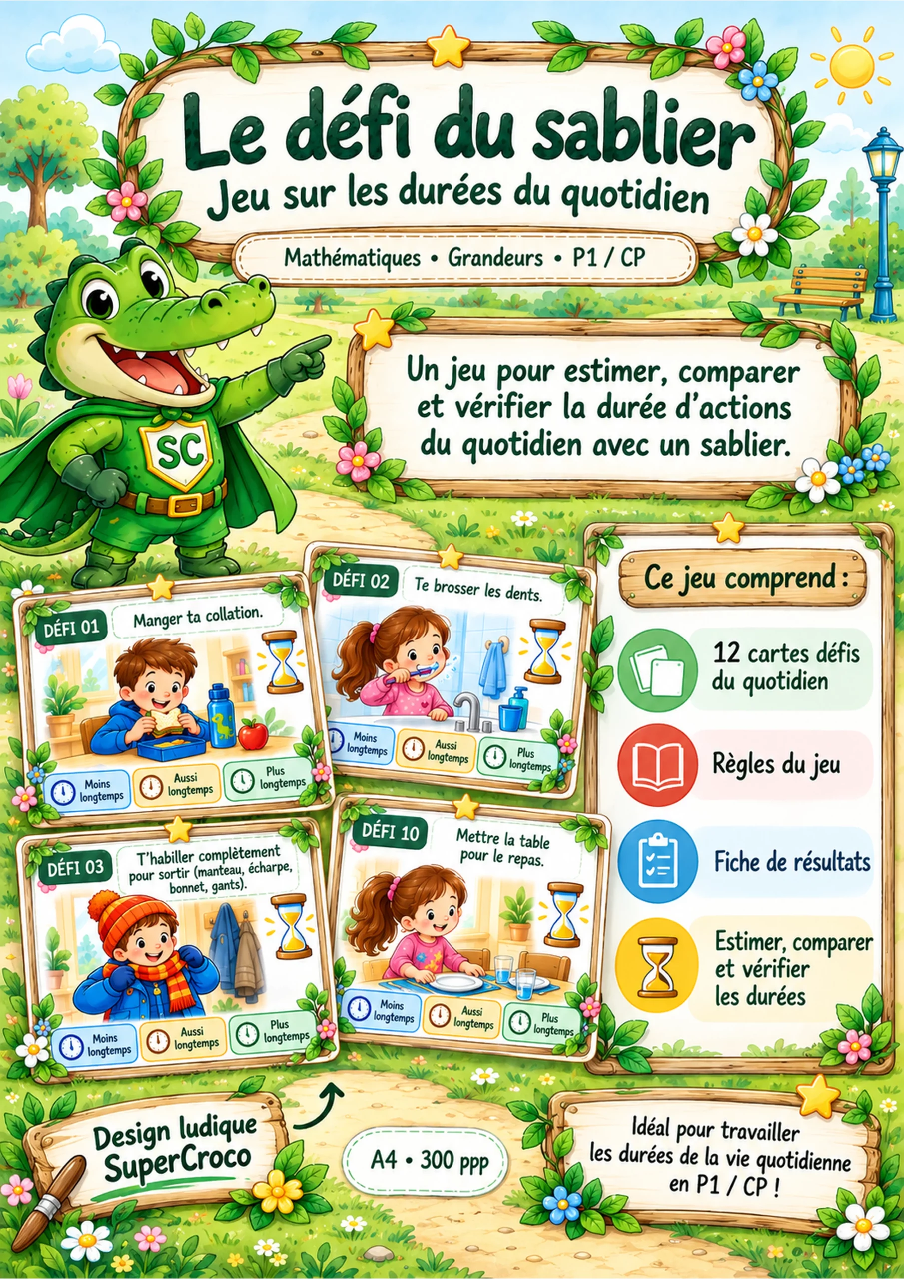 Affiche du jeu Le défi du sablier pour CP/P1 avec SuperCroco et quatre cartes illustrées pour comparer les durées du quotidien.
