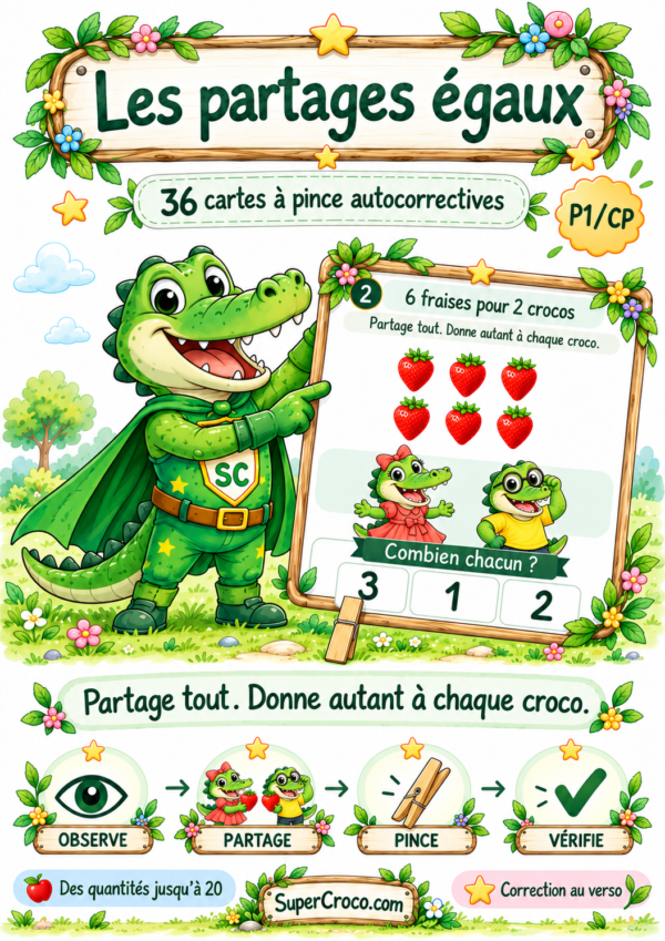 Jeu sur les partages égaux en CP / P1 : 36 cartes à pince autocorrectives pour partager des quantités jusqu’à 20 entre 2, 3 ou 4 crocos.