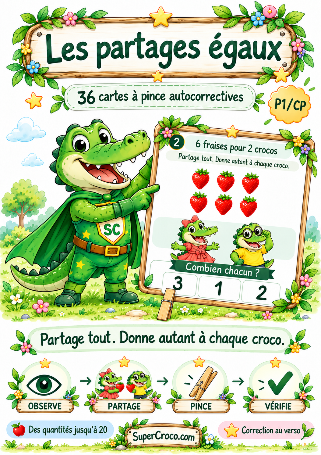 Jeu sur les partages égaux en CP / P1 : 36 cartes à pince autocorrectives pour partager des quantités jusqu’à 20 entre 2, 3 ou 4 crocos.