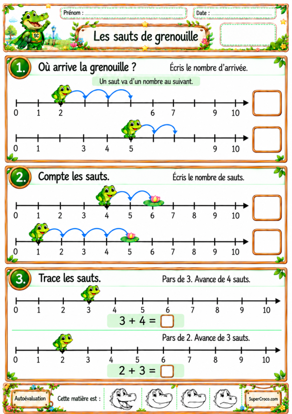 Feuille d’exercices CP / P1 sur l’addition jusqu’à 10, avec six droites numériques et des sauts de grenouille.