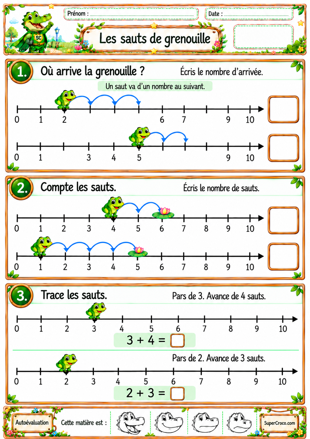 Feuille d’exercices CP / P1 sur l’addition jusqu’à 10, avec six droites numériques et des sauts de grenouille.