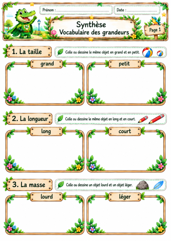 Synthèse du vocabulaire des grandeurs en P1 CP : taille, longueur, masse, coût, durée et capacité