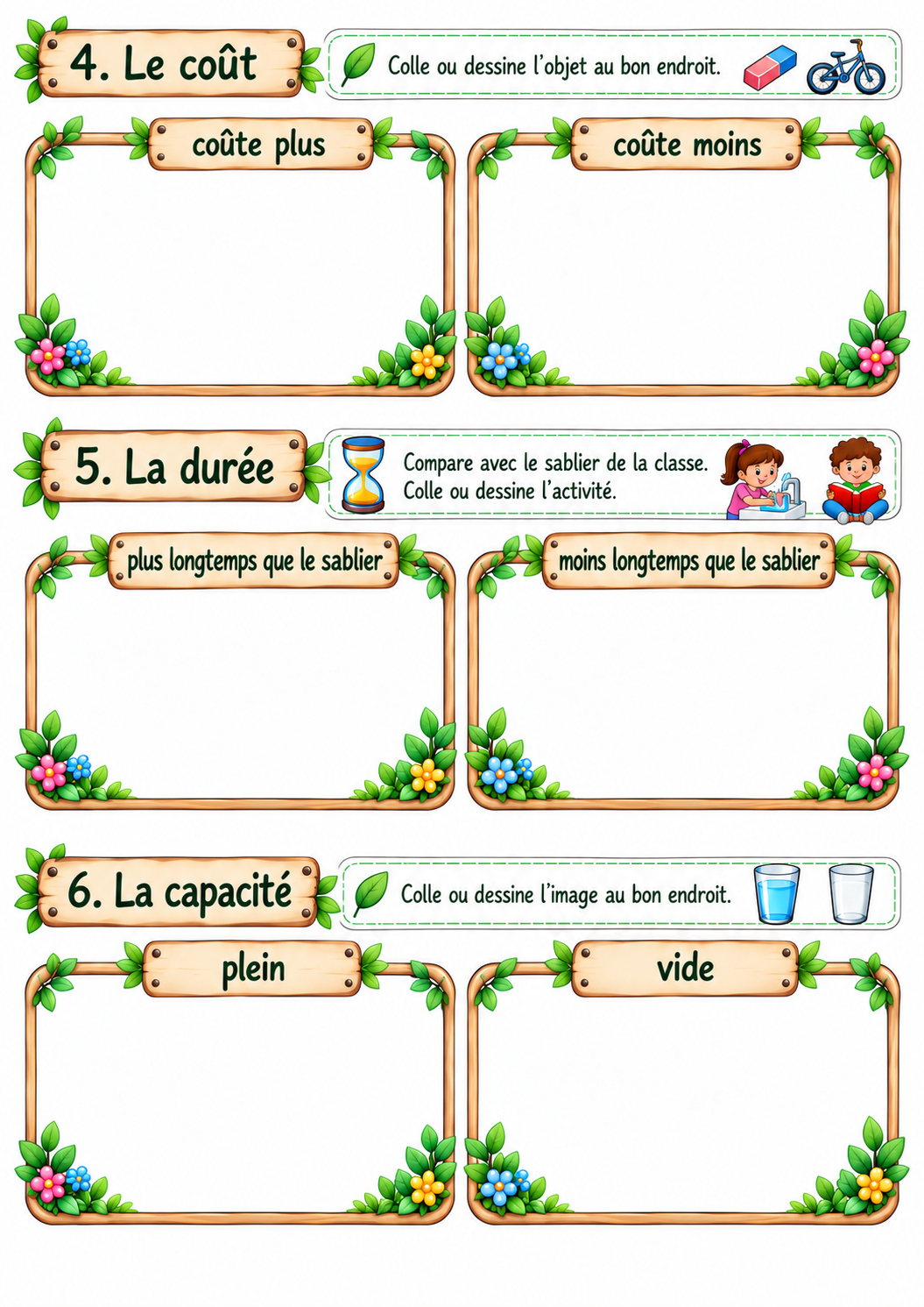 Vocabulaire des grandeurs en P1 CP : coût, durée et capacité