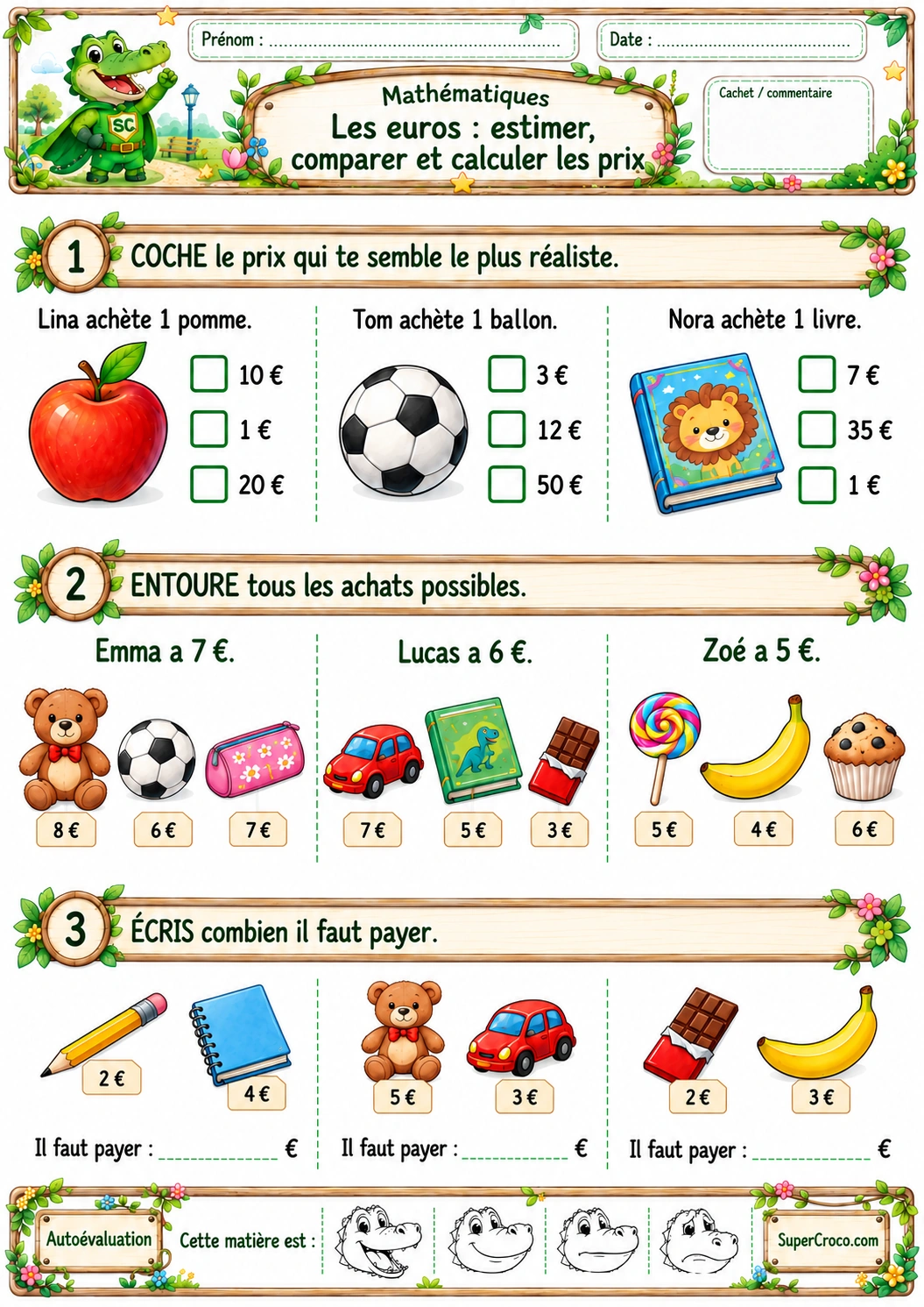 Feuille d’exercices sur les euros en P1 / CP pour estimer, comparer et additionner des prix.
